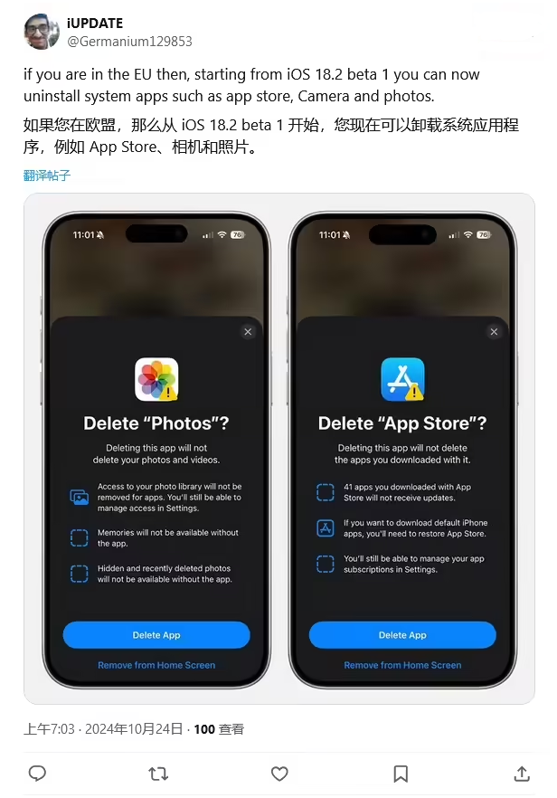 雨城苹果手机维修分享iOS 18.2 支持删除 App Store 应用商店 