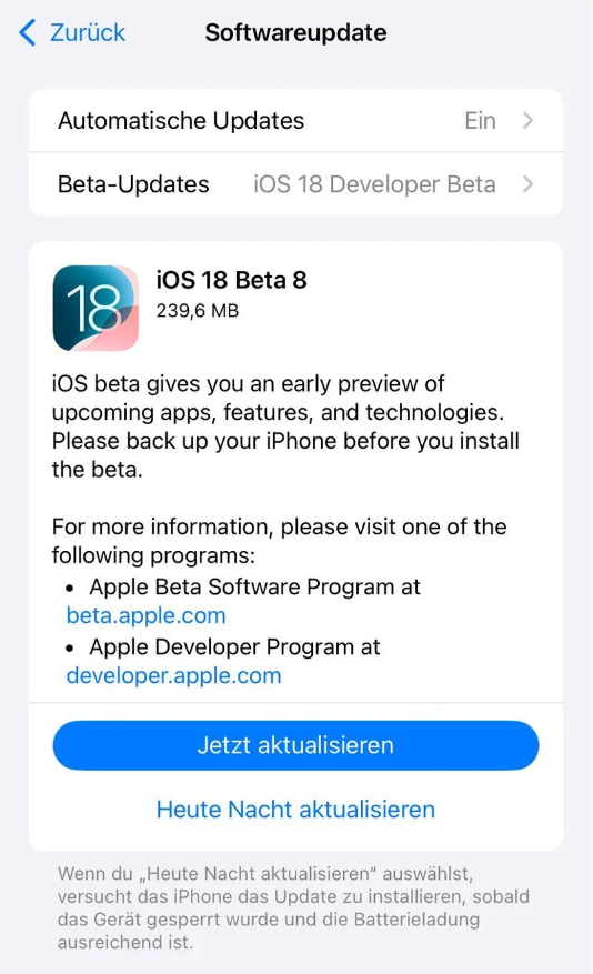 雨城苹果手机维修分享苹果 iOS / iPadOS 18 开发者预览版 Beta 8 发布 